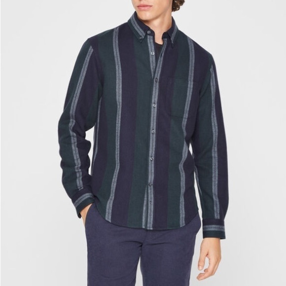 Club Monaco Slim Fit Stripe Doubleface Long Sleeve Shirt Flannel Blue Green Sz M - Picture 1 of 12
